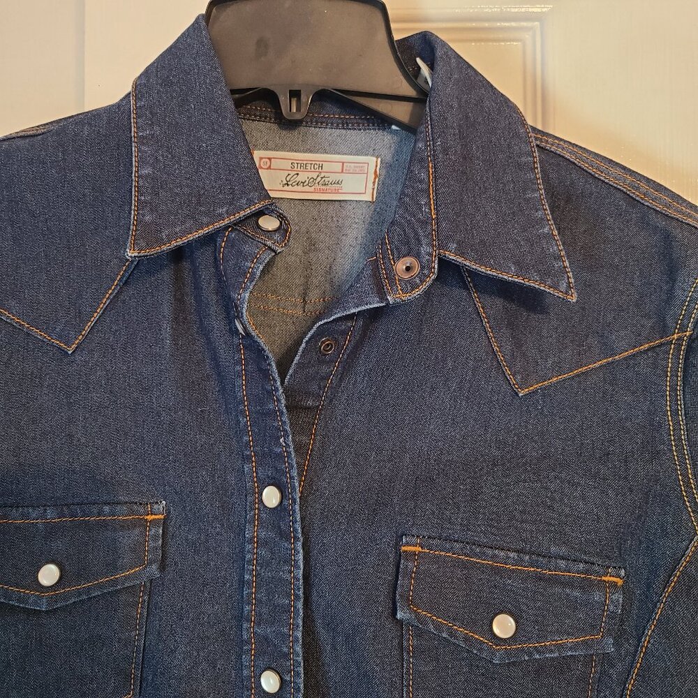 Vintage Levi Strauss Stretch Denim Pearl Snap Shirt Size Misses M 8/10 Western